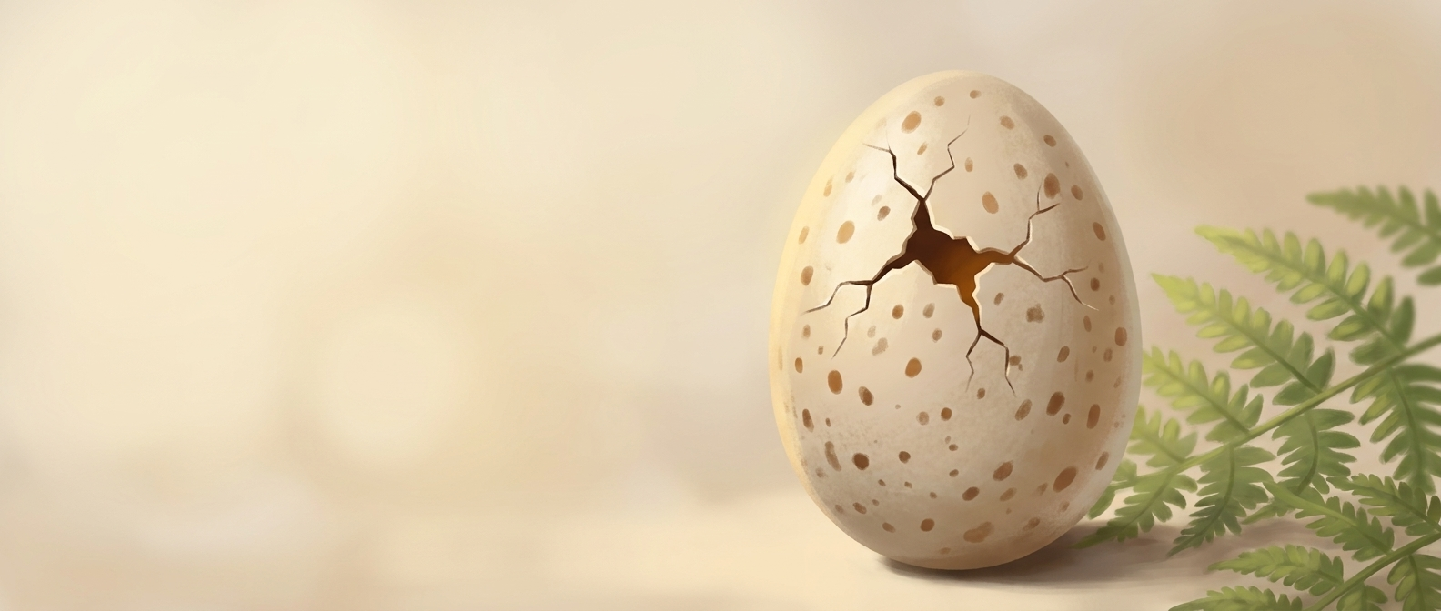 A speckled dinosaur egg beginning to crack open among green ferns