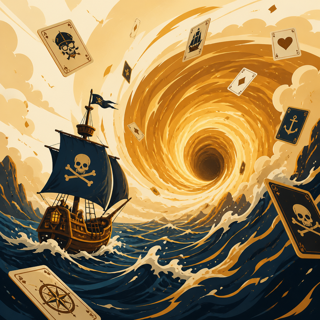 A pirate ship sailing toward a golden vortex with playing cards swirling through the sky